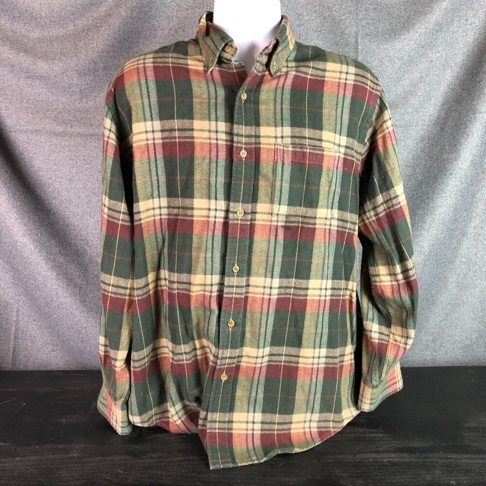 Land's End 100% Cotton Plaid Army Green Rust Cream Flannel Men's 15-  15 1/2 Med